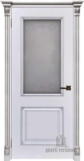 Дверь межкомнатная Багет 32 Патина серебро эмаль белая остекленная